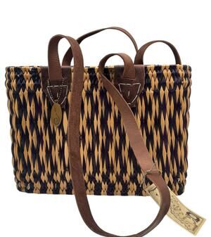 Winding Road Moroccan Market Bag Woven Palm Grass Basket Leather Handles READ